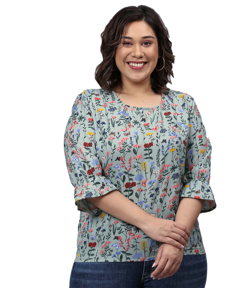 Front of a model wearing a size 5XL Floral Stylish Casual Top in Sage Green by Instafab Plus. | dia_product_style_image_id:258297